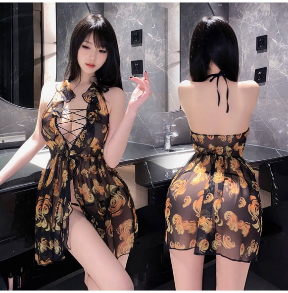 FEE ET MOI - Floral Print Deep V Dress (Black) FEE ET MOI - Floral Print Deep V Dress (Black)